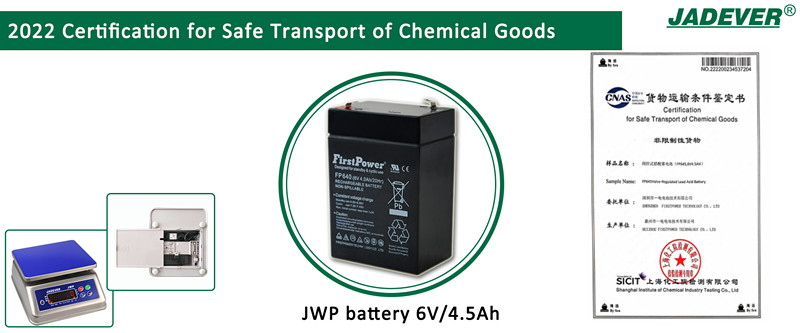 Certification 2022 pour le transport en toute sécurité des produits chimiques de la batterie JWP 6V/4.5Ah
